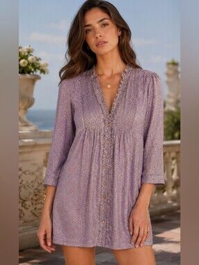 Diane Von Furstenberg Lilac Metallic Dress - Elegant Button-Front Tunic Sz 4